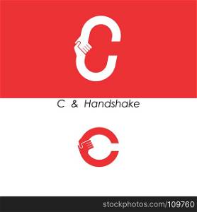 C - Letter abstract icon & hands logo design vector template.Teamwork and Partnership concept.Business offer and Deal symbol.Vector illustration