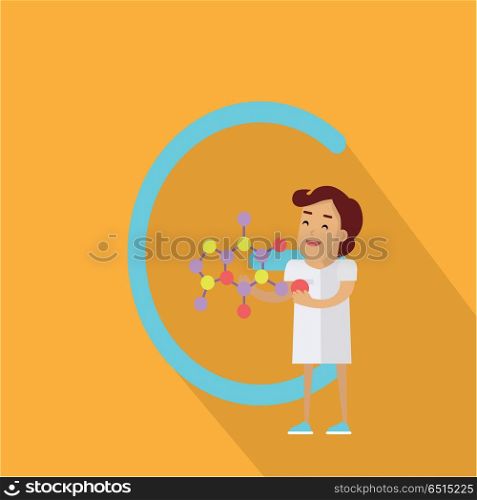 C Letter and Scientist with Chemical Compound. C letter and scientist with chemical compound layout. Human characters in white gowns with scientific instruments. Alphabet series with people. Chemistry and chemists. Scientific concept. ABC vector