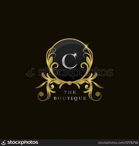 C Letter Golden Circle Shield Luxury Boutique Logo, vector design concept for initial, luxury business, hotel, wedding service, boutique, decoration and more brands.