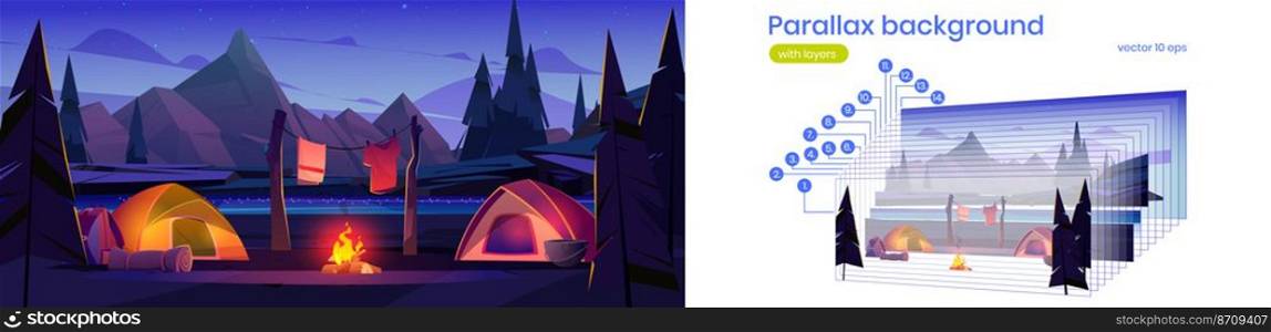 C&with tents and bonfire on river shore at night. Vector parallax background ready for 2d animation with cartoon landscape with mountains, lake and c&site. Parallax background with c&on river shore