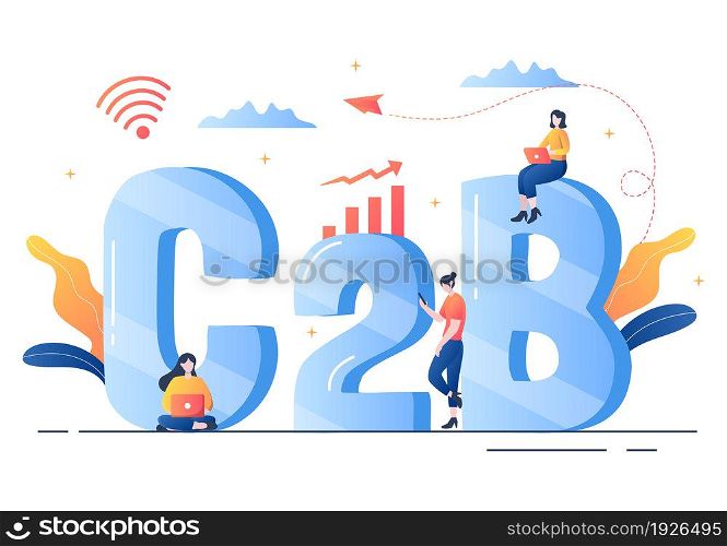 C2B or Consumer to Business Marketing Vector Illustration. Businessmen and Client Set Strategy, Sales, Commerce Reach the Agreed Transaction