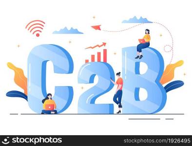 C2B or Consumer to Business Marketing Vector Illustration. Businessmen and Client Set Strategy, Sales, Commerce Reach the Agreed Transaction