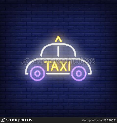 Cab neon sign. White car with taxi inscription on doors. Night bright advertisement. Vector illustration in neon style for public transport and taxi service