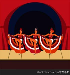 Cabaret girls dancing cancan on stage. Vector women dancers in musical show performance in retro dress costumes and feather headwear. Cabaret girls dancing cancan on stage. Vector