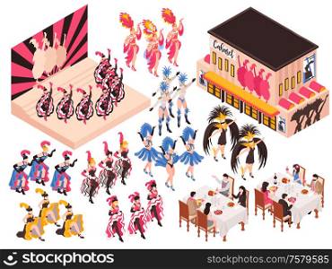 Cabaret isometric set with night restaurant building and different fragments of cancan show for adults isolated vector illustration