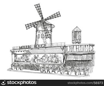 Cabaret Moulin Rouge (Landmark of Paris, France) vector isolated hand drawing illustration in black color on white background