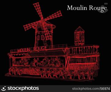 Cabaret Moulin Rouge (Landmark of Paris, France) vector isolated hand drawing illustration in red color on black background