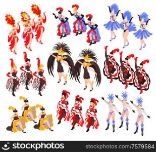 Cabaret show set of dancing women groups with colorful exotic cancan dress and feathers isometric vector illustration