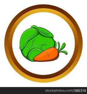Cabbage and carrots vector icon in golden circle, cartoon style isolated on white background. Cabbage and carrots vector icon