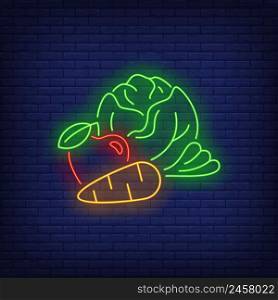 Cabbage, apple and carrot neon sign. Food, vegetable, harvest design. Night bright neon sign, colorful billboard, light banner. Vector illustration in neon style.