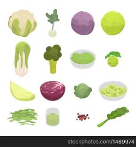 Cabbage icons set. Isometric set of cabbage vector icons for web design isolated on white background. Cabbage icons set, isometric style