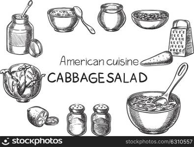 Cabbage Salad. Creative conceptual vector. Sketch hand drawn American food recipe illustration, engraving, ink, line art, vector.