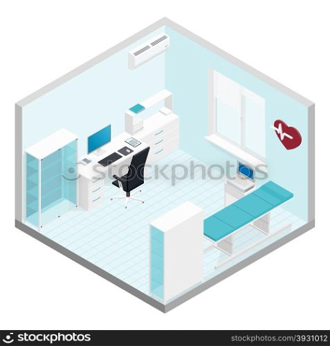 Cabinet cardiologist isometric room set. Cabinet cardiologist isometric room set vector graphic illustration
