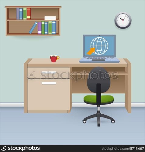 Cabinet interior with furniture table office chair and laptop computer vector illustration