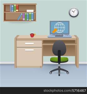 Cabinet interior with furniture table office chair and laptop computer vector illustration