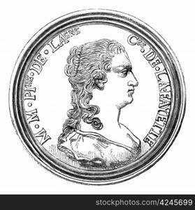 Cabinet of medals from the National Library. - Medal of the Comtesse de la Fayette, vintage engraved illustration. Magasin Pittoresque 1875.