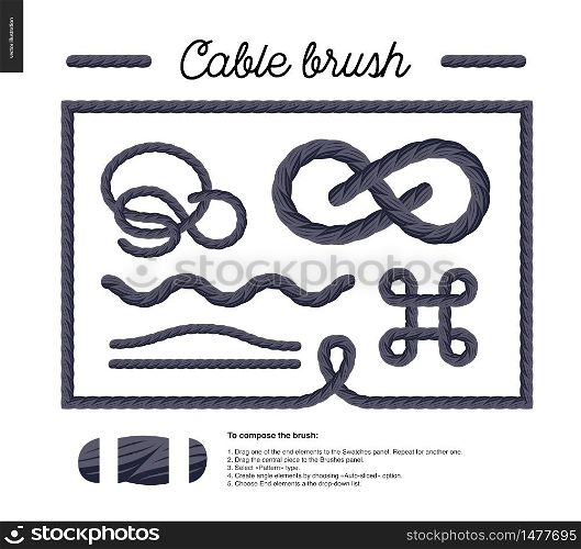 Cable brush - rope detail vector brush with end elements, and few usage examples - knots, loops, frames.. Cable brush set