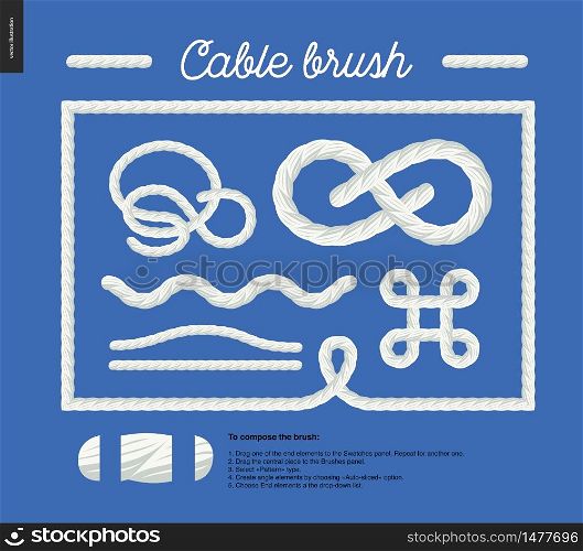 Cable brush - rope detail vector brush with end elements, and few usage examples - knots, loops, frames.. Cable brush set