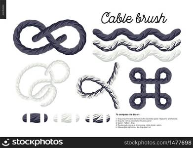 Cable brush - rope element vector brush with end elements, and few usage examples - knots, loops, frames.. Cable brush set