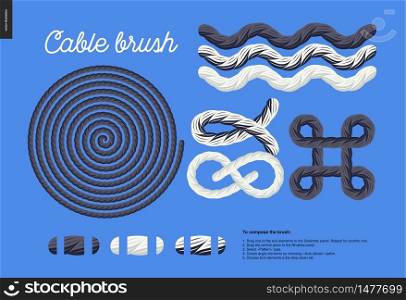 Cable brush - rope element vector brush with end elements, and few usage examples - knots, loops, frames.. Cable brush set