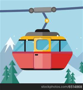 Cable car vector illustration. Flat design. Cab for people transportation on ropeway, winter mountain landscape in background. Cold season entertainments and outdoor activity. For ski resort ad. Cable Car Vector Illustration in Flat Design. Cable Car Vector Illustration in Flat Design