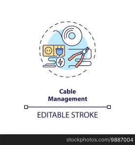 Cable management concept icon. Control room ergonomics idea thin line illustration. Reducing accidents, preventing damage. Vector isolated outline RGB color drawing. Editable stroke. Cable management concept icon