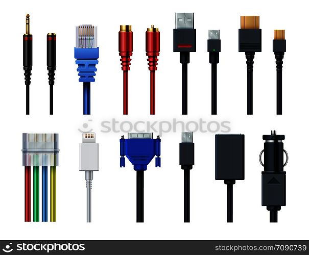 Cable wire computer video, audio, usb, hdmi, network and electric conectors and plugs vector set isolated. Socket and wire, connector usb and audio. Vector illustration. Cable wire computer video, audio, usb, hdmi, network and electric conectors and plugs vector set isolated