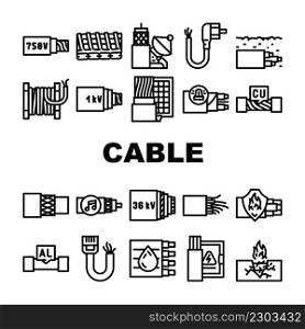 Cable Wire Electrical System Icons Set Vector. Optic And Internet Cable Wire, Fire Resistance And Audio, Aluminum And Copper Line. Low, Medium And High Voltage Cord Black Contour Illustrations. Cable Wire Electrical System Icons Set Vector