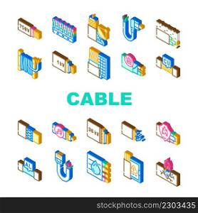 Cable Wire Electrical System Icons Set Vector. Optic And Internet Cable Wire, Fire Resistance And Audio, Aluminum And Copper Line. Low, Medium And High Voltage Cord Isometric Sign Color Illustrations. Cable Wire Electrical System Icons Set Vector