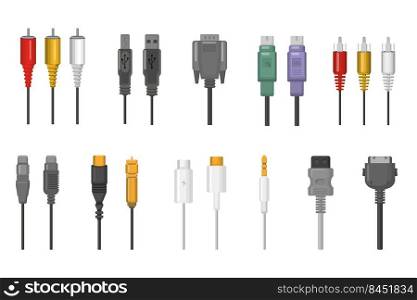 Cables and plug connectors set. Wire connections for ethernet, hdmi, vga, usb, video, audio ports. Vector illustration for cord network, compute, communication, hardware concept