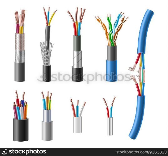 Cables and wires realistic set. Electrical power, network, television and telephone. Energy cables with insulated copper conductors, twisted pairs, coaxial and fiber optic wires. Vector illustration. Cables and wires realistic set. Electrical power, network, television and telephone