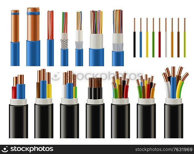 Cables and wires realistic vector of electrical power, network, television and telephone. Energy cables with insulated copper conductors, twisted pairs, multicore coaxial and fiber optic wires. Cables and wires. Electrical power and network