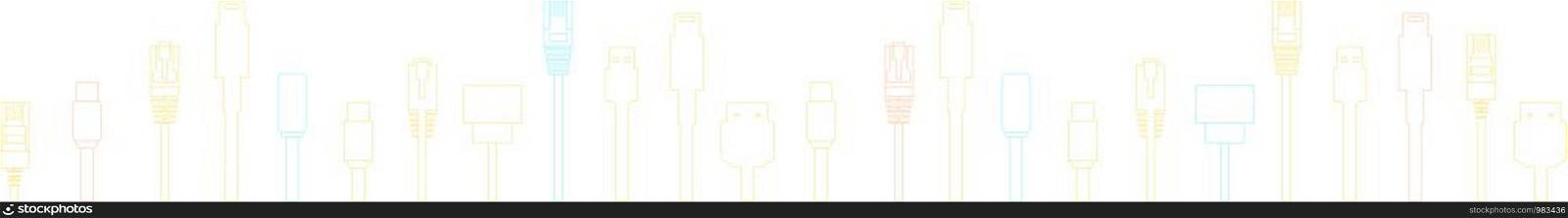 Cables with different plugs like HDMI, USB, ethernet for technology concept