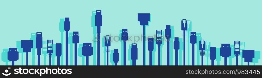 Cables with different plugs like HDMI, USB, ethernet for technology concept vector