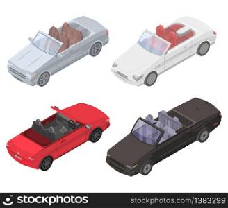 Cabriolet car icons set. Isometric set of cabriolet car vector icons for web design isolated on white background. Cabriolet car icons set, isometric style