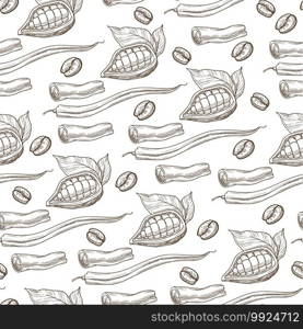 Cacao or coffee beans with leaves, cinnamon stick seamless pattern. Raw organic ingredients for desserts and dishes. Aromatic flavors, menu background. Monochrome sketch outline, vector in flat style. Coffee and cacao beans, cinnamon stick seamless pattern