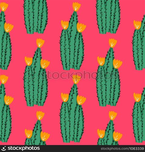 Cacti doodle endless vector illustration. Cactus seamless pattern on pink background. Hand drawn exotic wallpaper. Backdrop for printing, textile, fabric, interior, wrapping paper. Cacti doodle endless vector illustration. Cactus seamless pattern on pink background.