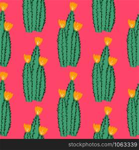 Cacti doodle endless vector illustration. Cactus seamless pattern on pink background. Hand drawn exotic wallpaper. Backdrop for printing, textile, fabric, interior, wrapping paper. Cacti doodle endless vector illustration. Cactus seamless pattern on pink background.