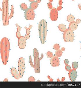 Cacti with large thorns seamless pattern. Background with unusual different suculents. Desert plants, repeating pattern. Template for fabric, packaging and design.. Cacti with large thorns seamless pattern.