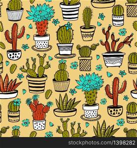 Cactus and succulent hand drawn set. Doodle flowers in pots.. Cactus and succulent hand drawn seamless pattern in sketch style on yellow. Doodle colors flowers in pots. Vector colorful cute house interior plants.