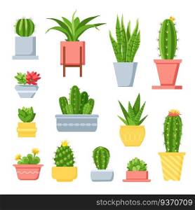 Cactus and succulents. Cute cartoon cacti in pots. Mexican exotic home plant with spines and flowers. Decorative garden succulent vector set. Illustration mexican houseplant, exotic flora in pot. Cactus and succulents. Cute cartoon cacti in pots. Mexican exotic home plant with spines and flowers. Decorative garden succulent vector set
