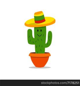 Cactus cartoon character in pot. Isolated Cactus with happy face and colorful mexican hat. Eps10. Cactus cartoon character in pot. Isolated Cactus with happy face and colorful mexican hat