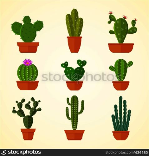 Cactus decorative home plant in pots flat vector icons. Cactus flora flower, flowerpot green and houseplant illustration. Cactus decorative home plant in pots flat vector icons