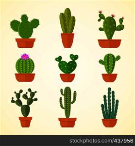 Cactus decorative home plant in pots flat vector icons. Cactus flora flower, flowerpot green and houseplant illustration. Cactus decorative home plant in pots flat vector icons