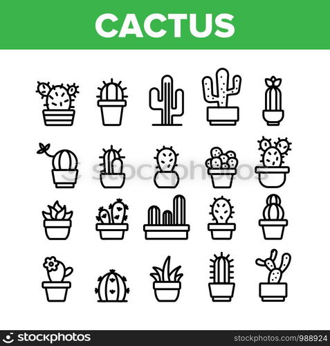 Cactus Domestic Plant Collection Icons Set Vector Thin Line. Different Cactus And Succulent With Thorn, Spike And Flower Concept Linear Pictograms. Houseplants Monochrome Contour Illustrations. Cactus Domestic Plant Collection Icons Set Vector