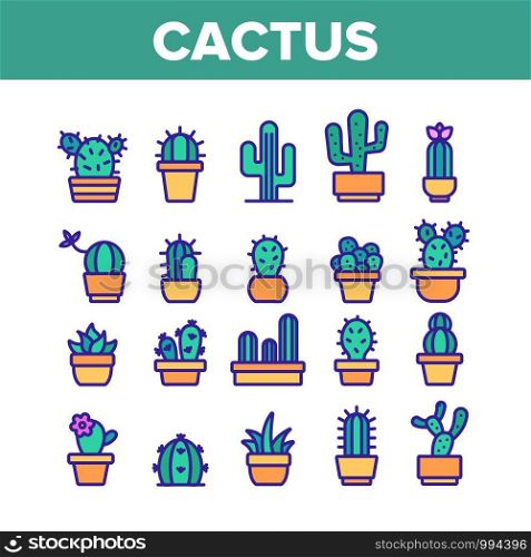 Cactus Domestic Plant Collection Icons Set Vector Thin Line. Different Cactus And Succulent With Thorn, Spike And Flower Concept Linear Pictograms. Houseplants Color Contour Illustrations. Cactus Domestic Plant Color Icons Set Vector