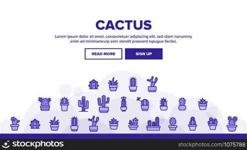 Cactus Domestic Plant Landing Web Page Header Banner Template Vector. Different Cactus And Succulent With Thorn, Spike And Flower Illustration. Cactus Domestic Plant Landing Header Vector