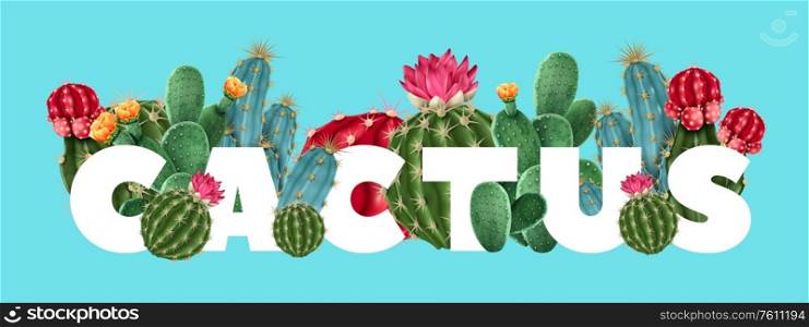 Cactus floral tropical vector illustration with different varieties of succulents and cacti including gymnocalycium and opuntia