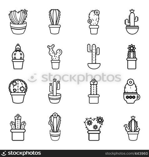 Cactus flower icons set. Outline illustration of 16 cactus flower vector icons for web. Cactus flower icons set, outline style