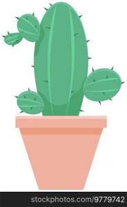 Cactus icon in flat style on white background. Home southern plant cactus in pot and with spines. Decorative evergreen plant with prickly thorns in yellow pot. Tropical desert houseplant vector design. Cactus icon in flat style on white background. Home southern plant cactus in pot and with spines